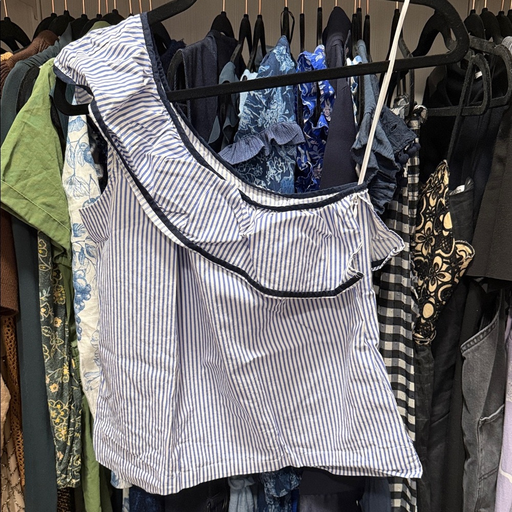 J. Crew Blue and White Striped One-Shoulder Ruffle Camisole